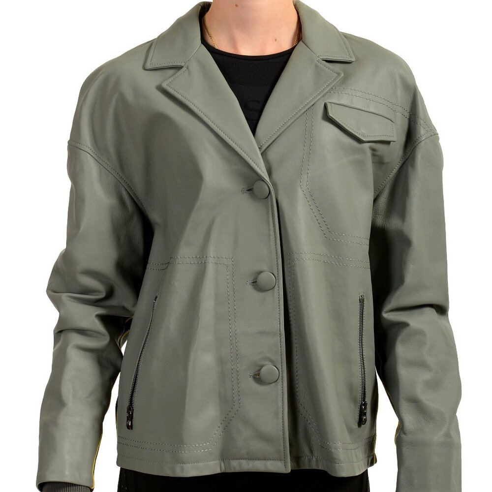 Scuderia Ferrari Women's Gray Leather Blouson Button Down Jacket US XS IT 38